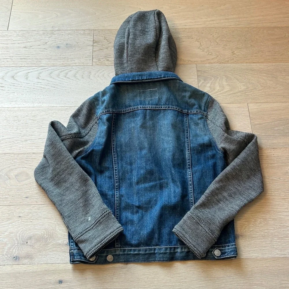 Rag & Bone JEAN Mixed Media Hooded Denim Jacket Blue Gray Knit Sleeve Womens M
